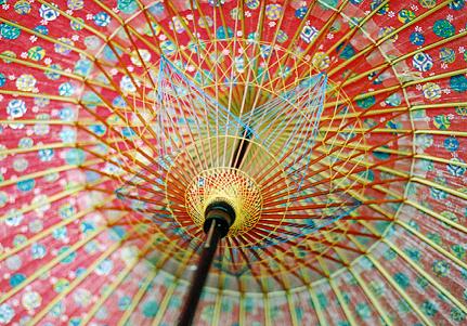 京友禅　紙蛇の目傘　手まり柄を開いて見上げてみました。